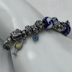 Vacation Cruise Ship Anchor Pina Colada Wine Blue White Euro Charm Bracelet